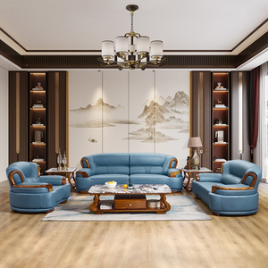 New European Style PU Leather Sectional <b>Sofa</b> Set <b>for</b> Apartment Living Room with Solid Wood <b>Legs</b> - Product Image 1