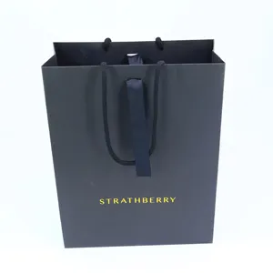 Custom logo Printed Carry cotton handles cheap clothing design shopping premium black tote art gift paper bags