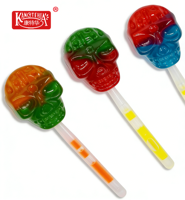 Sucettes en forme de crâne, bonbons fruités sur bâtonnet, emballage en boîte, sucettes crânes fruitées multicolores sur bâtonnet.