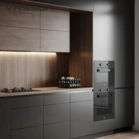 Meubles de cuisine modulaires modernes en bois massif noir brillant, étanches, avec tiroirs à fermeture amortie, plan de travail en marbre et robinet