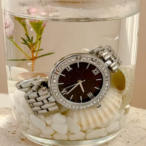 Montre à quartz en acier inoxydable pour femmes, montre à quartz de luxe, diamant en moissanite, bracelet en cuir brillant, alliage, verre, montres pour femmes - Product Image 5