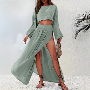 Conjunto Casual de Lino para Mujer Verano 2026: Top Corto <span class=keywords><strong>con</strong></span> Cuello Barco y <span class=keywords><strong>Falda</strong></span> Maxi de Cintura Alta <span class=keywords><strong>con</strong></span> Abertura y Mangas Largas Acampanadas - Product Image 4