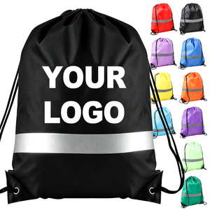 Factory Custom Logo Polyester <b>Drawstring</b> <b>Backpack</b> with Reflective Strip Waterproof Cinch Sack Draw String Bag for Outdoor Sports - Product Image 1