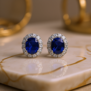 ต่างหูทรงวงรีประดับไพลินสำหรับผู้หญิงแบบคลาสสิก พร้อมเพชรทรงกลมเจียระไนแบบบริลเลียนท์ล้อมรอบ ตัวเรือนแบบกรงเล็บ เหมาะสำหรับงานแต่งงาน - Product Image 2