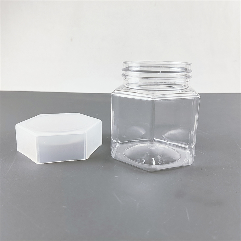 Free Sample Hexagonal PET Plastic Jar Food Packaging Candy Jar clear sealed Jam Jar