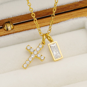 Zogxin <b>Cross</b> Pendant Necklace Gold <b>Chain</b> With Zircon Bezel Setting Daily Wear Gift Jewelry - Product Image 4