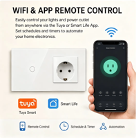 Interrupteur intelligent WiFi UBARO 157 Type, prise standard européenne, verre trempé, IP20, commande à distance par application murale, Google Assistant, Alexa Voice