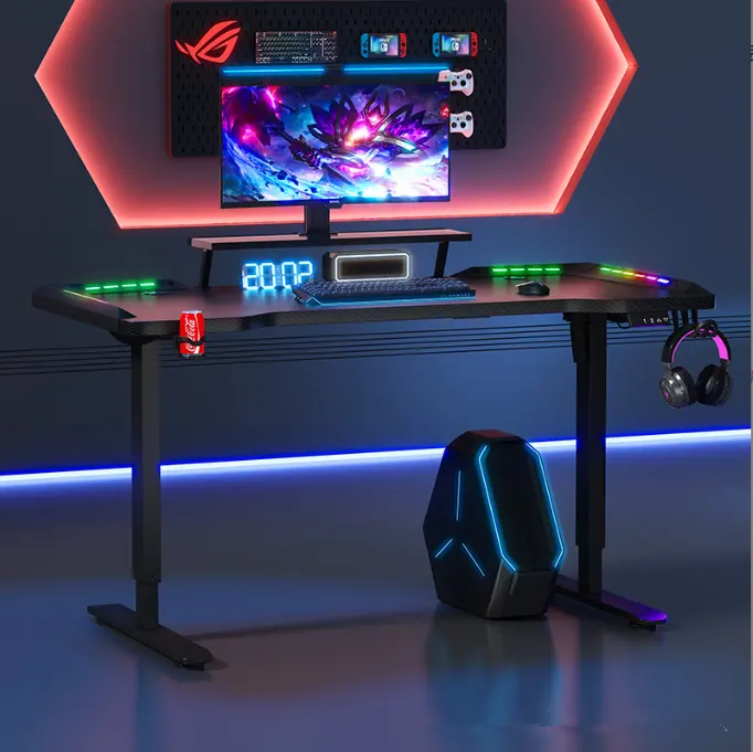 Meja kerja Gaming elektrik rgb PC, dengan dudukan cangkir & kait Headphone hitam ergonomis rumah kantor