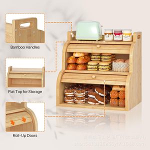 Senle Bamboo Double Layer Bread Box With Handle Kitchen Countertop Pastry Storage Container Condiment Shelf Natural Wood Color - Product Image 3