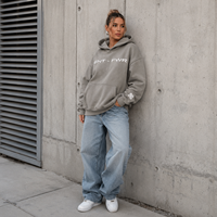 Sweat à capuche gris personnalisé avec broderie de logo, pour hommes et femmes, coupe oversize, en molleton de coton épais, style streetwear, OEM, marque privée, manches