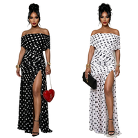 Robe longue de soirée de luxe pour femme, blanche et noire à pois, épaules dénudées, sexy, avec fente haute, pour l'été