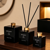 Diffuseur de parfum d'ambiance de luxe en verre noir à marque privée avec bâtonnets en fibre, huiles essentielles, aromathérapie, OEM ODM