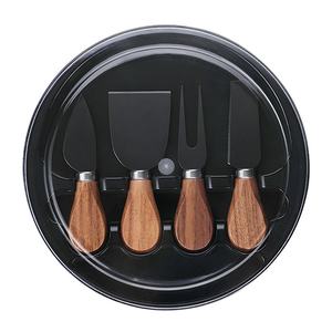 Set di Coltelli per Formaggio con Manico in Noce e Lame in Acciaio Inox, 4 Pezzi con Tagliere e Forchetta, Scatola Rotonda per Conservazione - Product Image 5