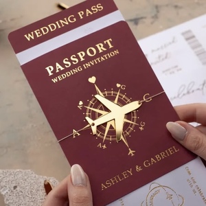 Carte d'invitation de mariage passeport en papier fantaisie, impression offset, dorure à chaud, breloque avion, design carte du monde pour thème voyage - Product Image 5