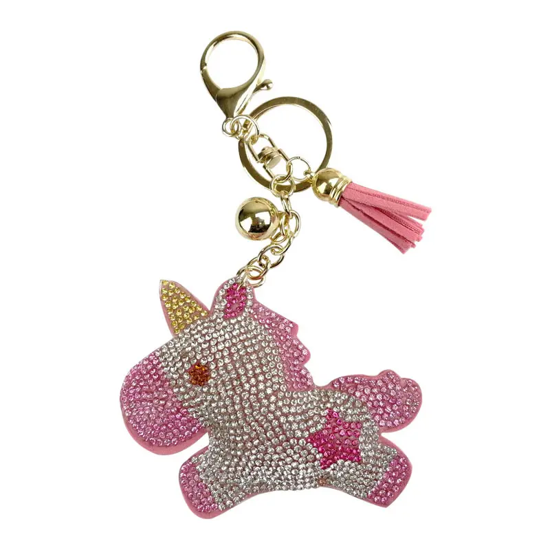 Porte-clés en forme de cheval mignon, pendentif en flanelle strass, licorne, porte-clés avec pompons, porte-clés, accessoire de charme