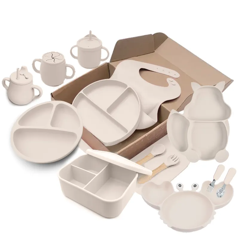 Juego de alimentación de bebé de silicona antideslizante libre de BPA OEM/ODM, plato de succión para bebé, cuenco, taza para sorber, babero, cuchara, juego de destete para bebé, comedor para niños