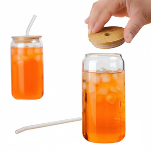 Vasos de Vidrio Transparente de 12oz/16oz para Refrescos y Cerveza, con Tapa de Bambú y Pajita, Aislamiento Térmico, Ecológicos, Aptos para Beber Directo - Product Image 1
