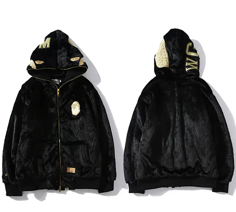 High Quality Custom Japanese Style Fleece Streetwear Bape Black Gold Shark Embroidery Printing Full Zip Up Hoodie