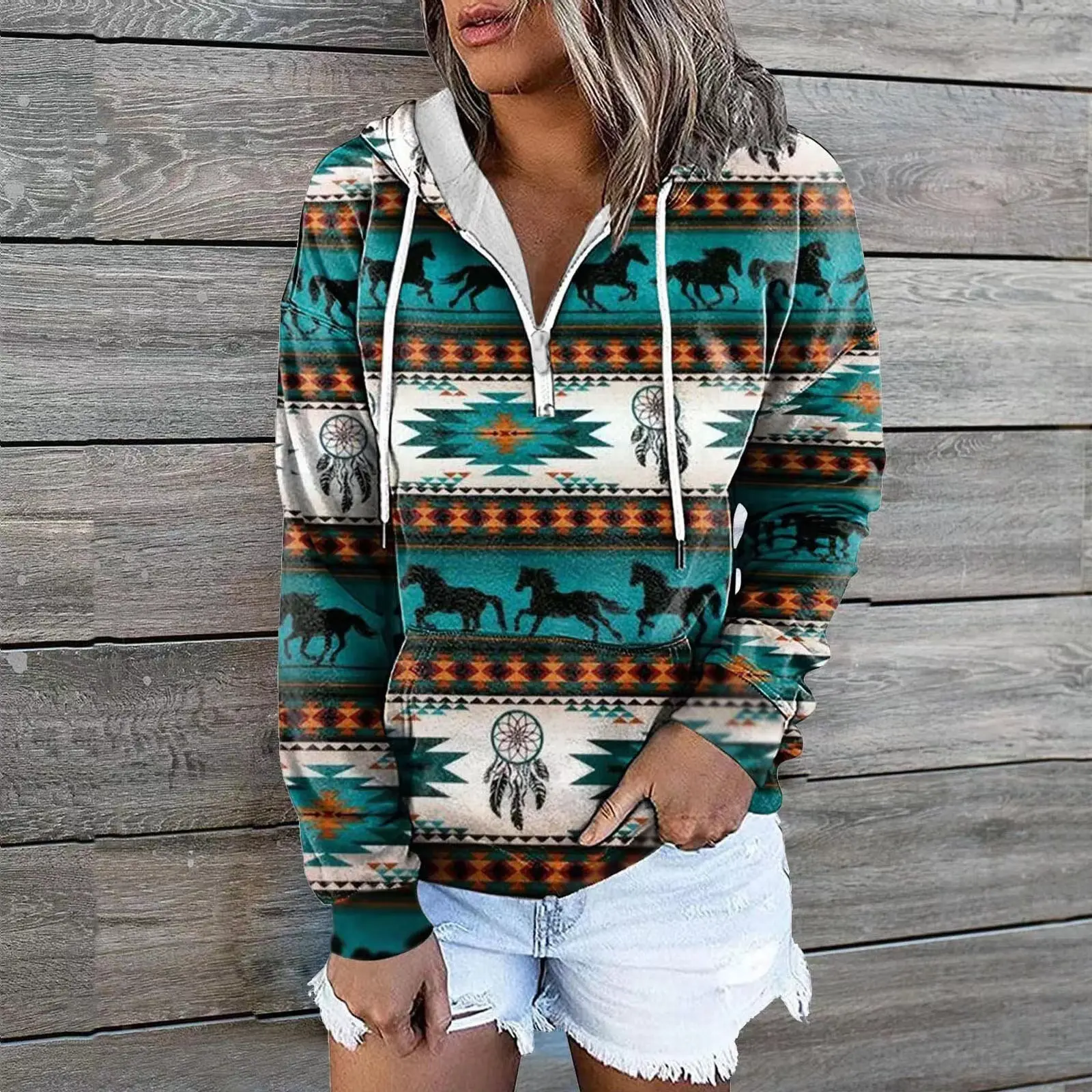 Western Style Frauen Aztec Casual Hoodie Ethnischer Stil Übergroßes Kapuzen pullover