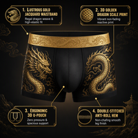 Lot de 4 boxers personnalisés pour hommes, motif Dragon Chinois Impérial, avec ceinture dorée brillante