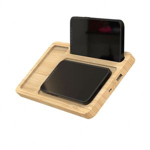Cargador Inalámbrico 2 en 1 de Bambú, Bandeja de Carga Multifuncional de Madera de 10W para Escritorio, Organizador con Bancos de Energía Promocionales - Product Image 3