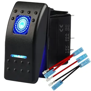 Interruptor basculante de barco marino a prueba de agua, 12V, 24V, interruptor de encendido y apagado SPST de 5 pines, 12V/20A, 24V/10A, luz LED azul, con cables para coche