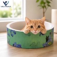 Lit grattoir rond moderne en carton pour chat avec coussin remplaçable et motif floral, antidérapant et durable pour chats