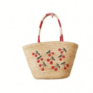 Sac de plage en paille tressée grande capacité, nouvelle mode, brodé cerises, pour vacances en bord de mer - Product Image 5