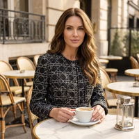 Veste en tweed luxueuse et élégante pour femme, à simple boutonnage, en laine à carreaux noir et blanc, infroissable, en tissu doux et fin, crocheté, avec finition satinée