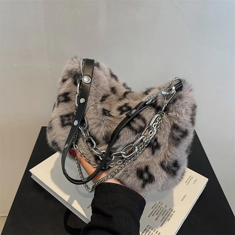 Bolsa carteiro estampada de leopardo feminina, bolsa de ombro de pelúcia, estampada, luxuosa, 2021