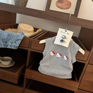 Girls Summer Cartoon KT Vest Denim Fishtail Skirt Set Cotton Thin Solid Color With Label - Product Image 2