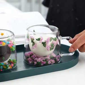 Tazza di <span class=keywords><strong>vetro</strong></span> di caffè in ceramica a doppia parete originalità con manico a fiori secchi - Product Image 4