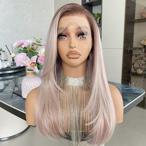 Perruques synthétiques Lace 13x4 en fibre à faible densité, rose blond avec racines brun clair, pour femmes - Product Image 4