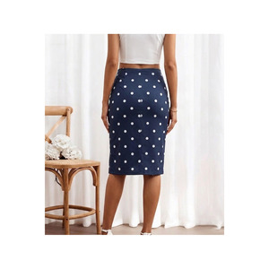 Jupe midi taille haute fendue devant pour femme, motif pois bleu marine, 65 cm, silhouette crayon, tissu tissé - Product Image 4