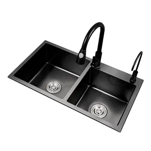 Ousuo Hot Sale Hand gefertigte Edelstahl Black Nano Spüle No Fading Double Bowl Under mount Küchen spüle