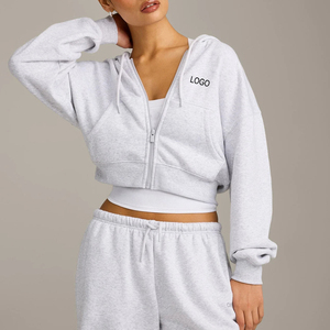 Hauts de sport pour femmes avec logo personnalisé, en coton respirant, coupe ample, à fermeture éclair, à capuche courte, manches longues, style streetwear décontracté - Product Image 1