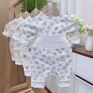 Conjunto de Pijama de 2 Piezas para Bebés, Otoño/Invierno, Cintura Alta, Protección Abdominal, Estampado Floral, Manga Larga, Casual, Transpirable - Product Image 6