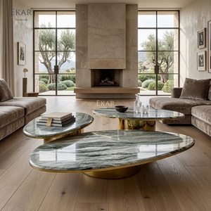 Set di Tavolini da Caffè in Pietra di Lusso Moderno, Design Italiano, Tavoli Centrale Impilabili con Base in Metallo Dorato per <span class=keywords><strong>Soggiorno</strong></span> di Villa - Product Image 2