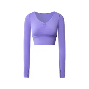 Sexy pleated V-neck sports long sleeve T-shirt women with breast pads skin-friendly high elastic tight yoga wear