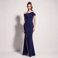35688 #   Robe de soirée en satin à épaules dénudées avec fleurs 3D et fente haute, collection 2026