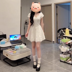 French Style White Lace Patchwork Dress Puff Sleeves Sweetheart Neck Tight Waist Casual Daily Wear - Product Image 2
