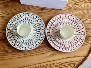 Assiette en céramique avec motif rayé rouge, ensemble de 3 tasses en porcelaine, cadeaux pour dessert, salade et décoration de table - Product Image 5
