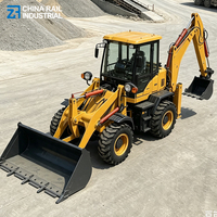 Promotion : Chargeuse-pelleteuse 4x4 avec cabine fermée, chargeuse frontale et pelle arrière, pour travaux agricoles et de construction municipale.