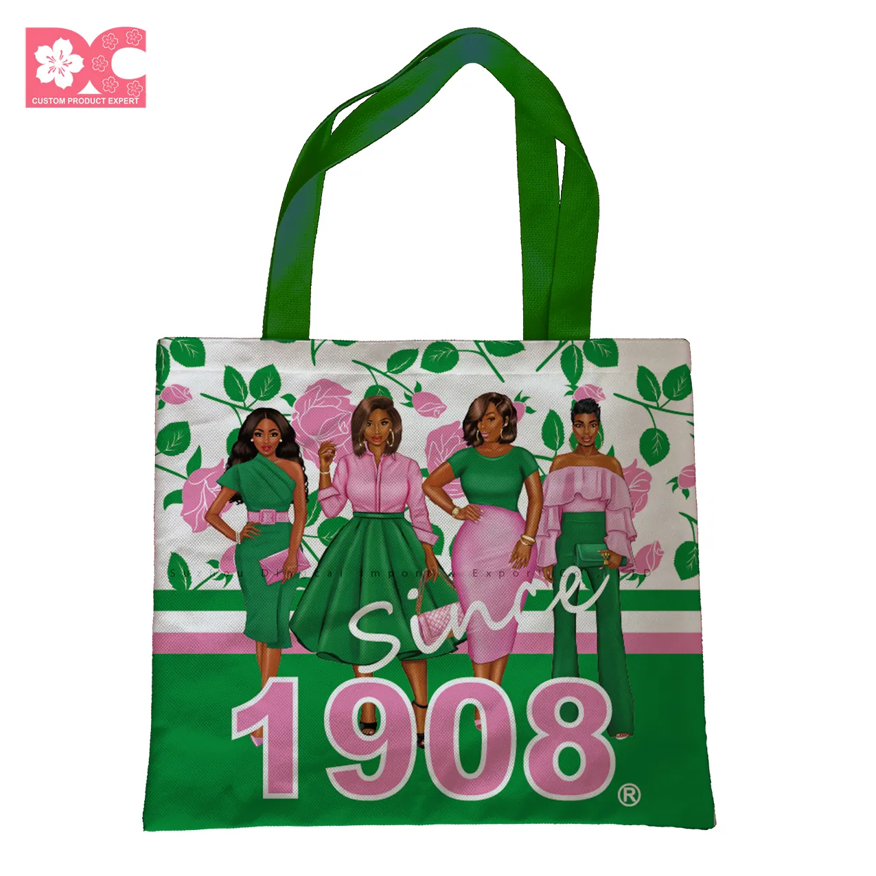 High quality Double Side Sublimation Printing 16"x14" Heavy Material Pink and Green Greek Letters Tote Bag