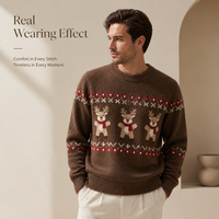 Pull de Noël personnalisé pour homme, marron, motif renne, en mélange de laine 12GG, jacquard mignon, style vintage nordique, pull de fête, OEM
