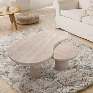 Modern style living room hotel home decoration beige stone limestone block nesting table travertine coffee table