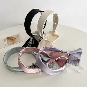 Koreanischer Stil einfarbig Satin Stoff bedeckt breites Haarband Frauen Mode Stirnband mit Strass