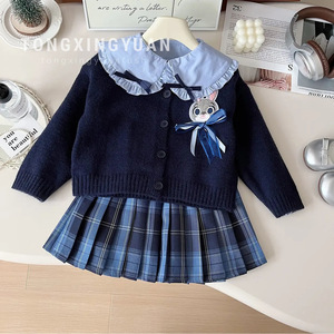Tongxingyuan Girls' School Style Sweater Pleated Skirt Set Blue Cartoon Rabbit Design Children's Outfit Spring Autumn Wear - Product Image 1