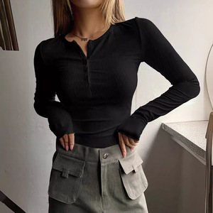 Nuova maglietta da <span class=keywords><strong>donna</strong></span> con costine abbottonate lavorate a maglia Slim Fit <span class=keywords><strong>manica</strong></span> <span class=keywords><strong>lunga</strong></span> tinta unita collo Henley t-Shirt da <span class=keywords><strong>donna</strong></span> - Product Image 2