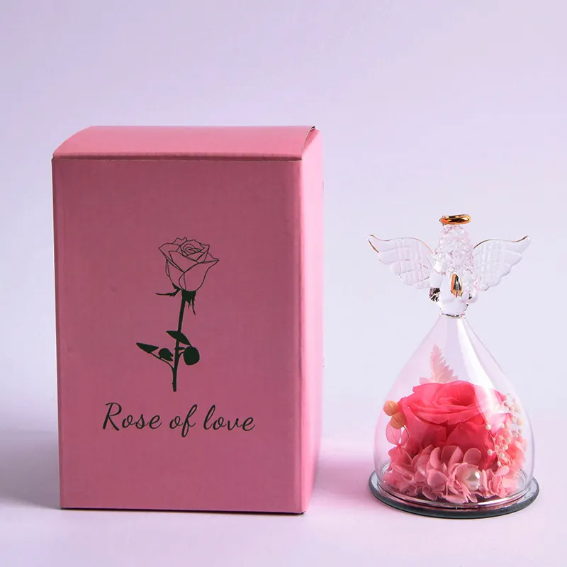 Roses Naturelles Belle Enchantée Fête des Mères Coffret Cadeau Décor Éternel Pour Toujours Rose Éternelle Fleur Préservée dans un Dôme en Verre LED